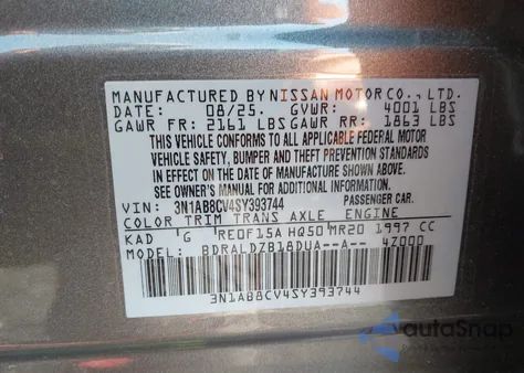 2025 Nissan Sentra Sv from USA, damaged, VIN 3N1AB8CV4SY393744